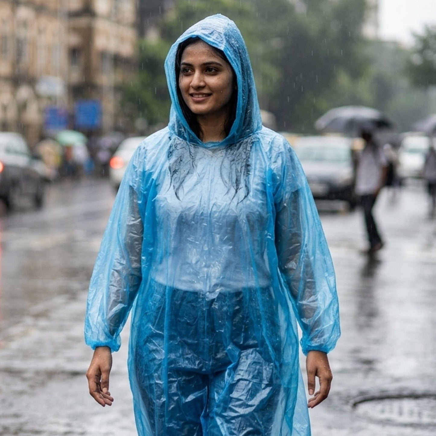 A folded blue plastic rain poncho is sealed in clear packaging with a white label featuring Chinese characters and a cartoon.