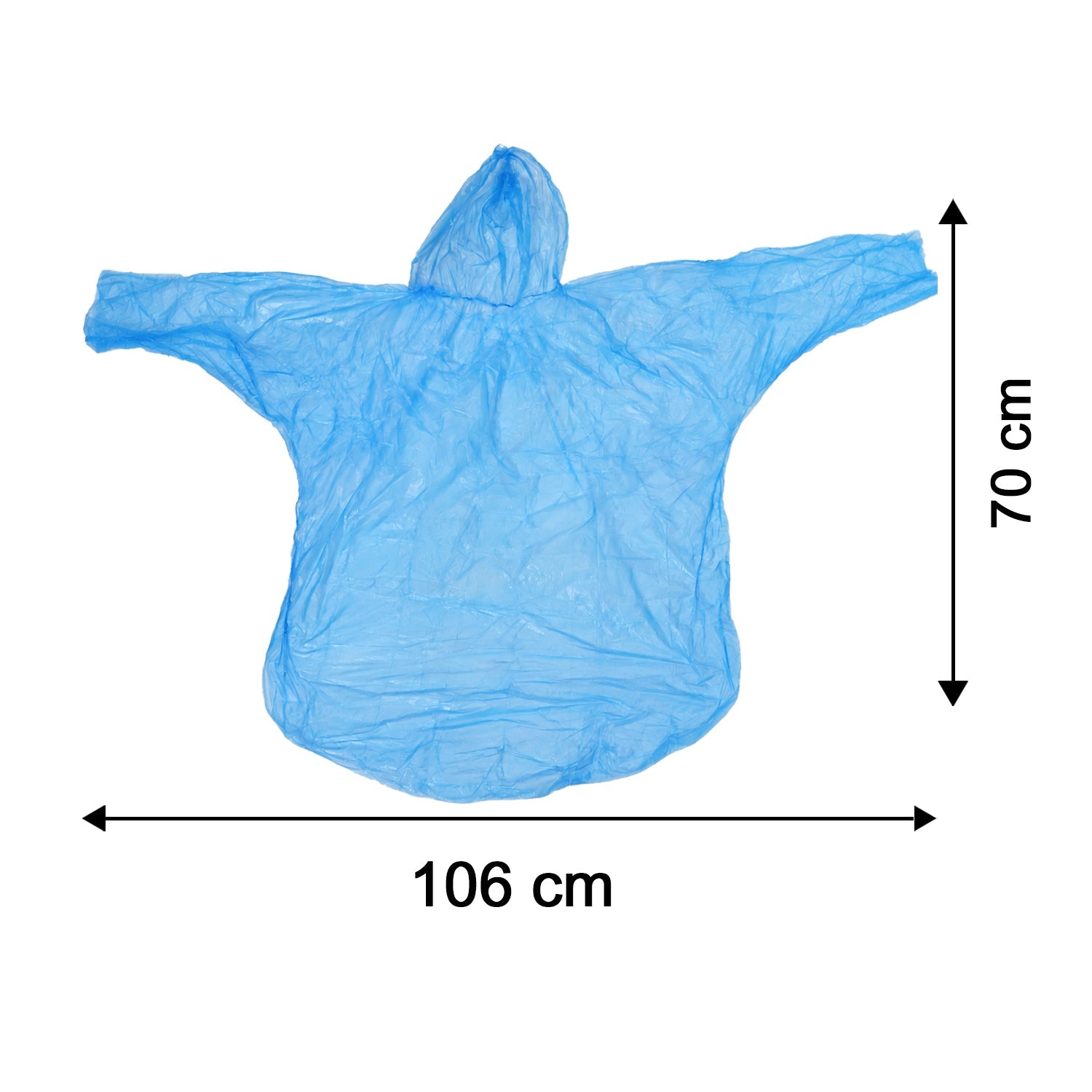 A woman models a blue plastic rain poncho from the front and back, standing on a paved road with trees.