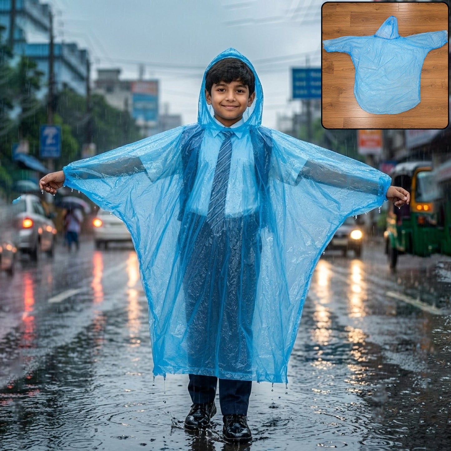 A young boy in a school uniform smiles while wearing a translucent blue poncho on a rainy city street.