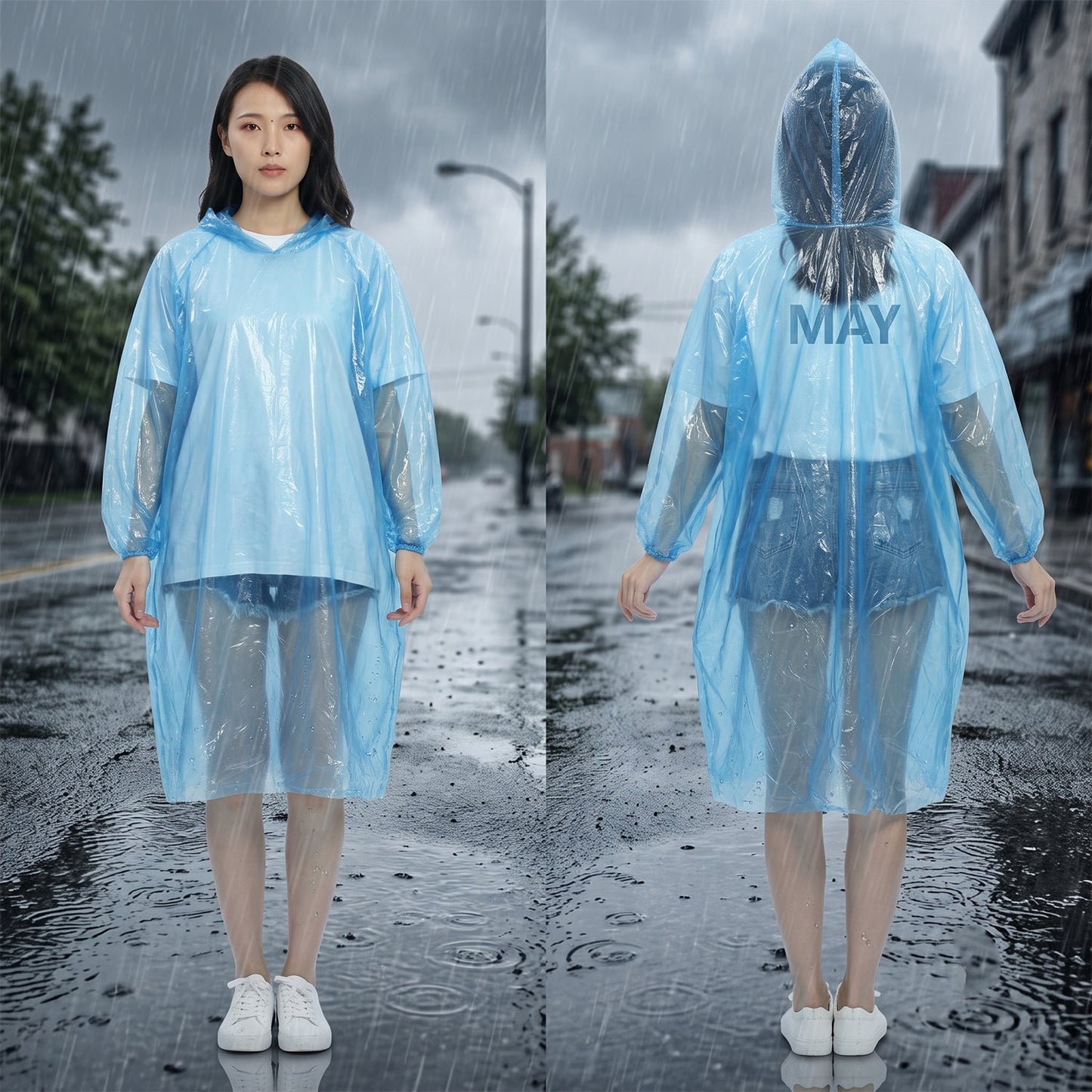 A woman models the translucent blue poncho from the front and back, revealing a white shirt and shorts underneath.
