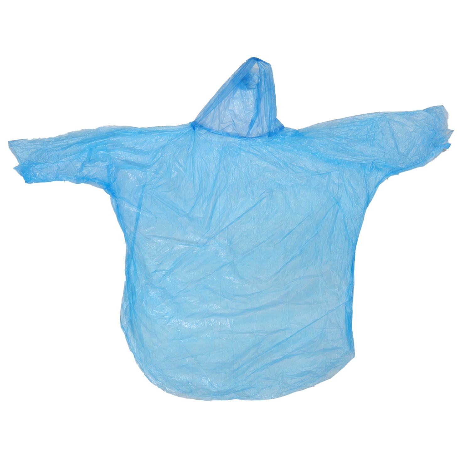 A translucent blue disposable rain poncho with a hood is spread out flat against a plain white background.