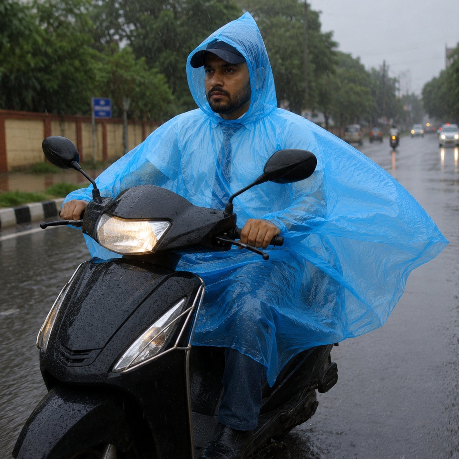 A man wearing a blue rain poncho and a baseball cap rides a black scooter on a wet, rainy street.