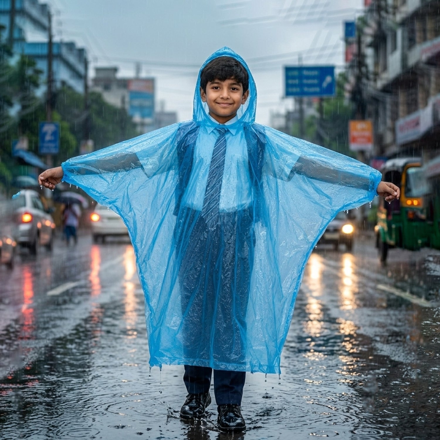 A smiling boy in a school uniform wears a translucent blue poncho, standing on a wet street with blurred city traffic.