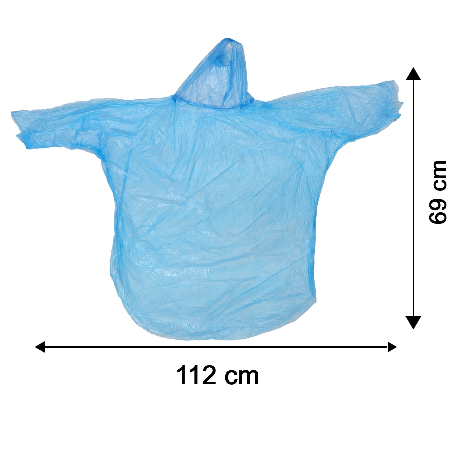 A translucent blue disposable rain poncho with a hood is shown with dimensions of 112 cm width and 69 cm length.