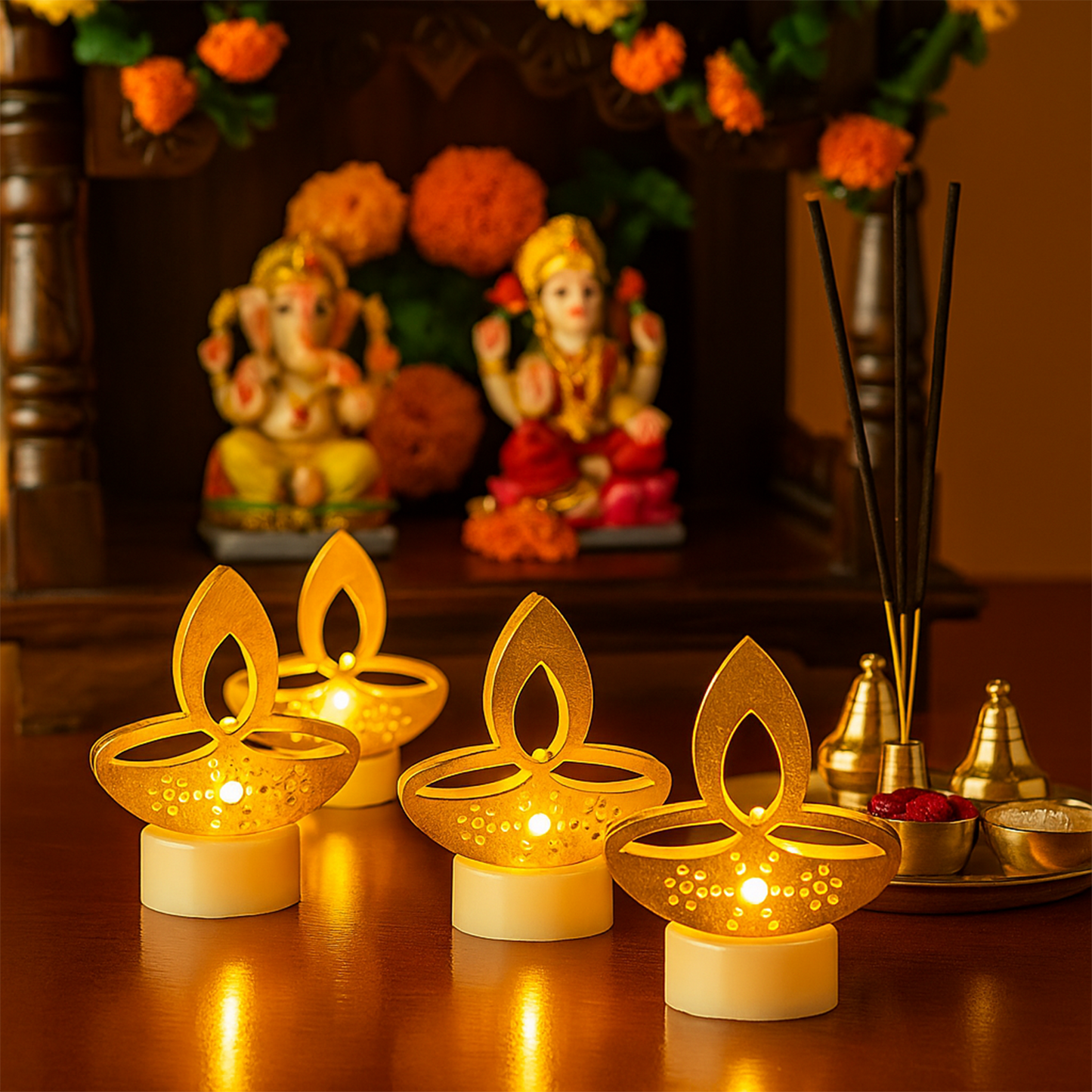 Warm LED light from golden diya shaped tealight candle