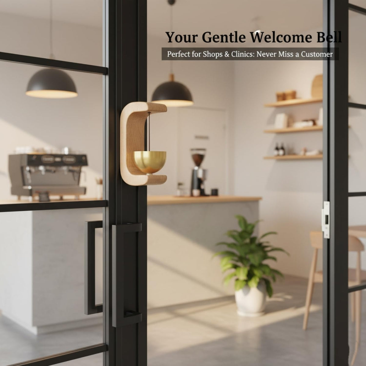 A light wood C-shaped door chime with a golden bowl and striker is attached to a glass door in a modern cafe setting.