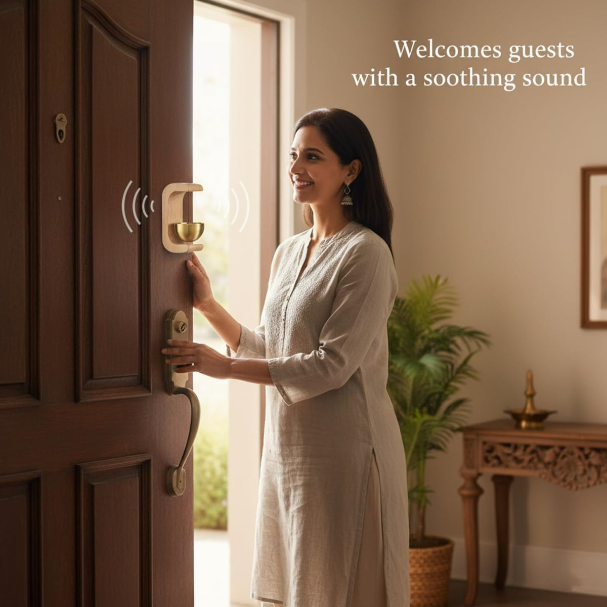 A woman in a light tunic opens a dark wooden door, where a light wood C-shaped door chime is attached, emitting sound waves.