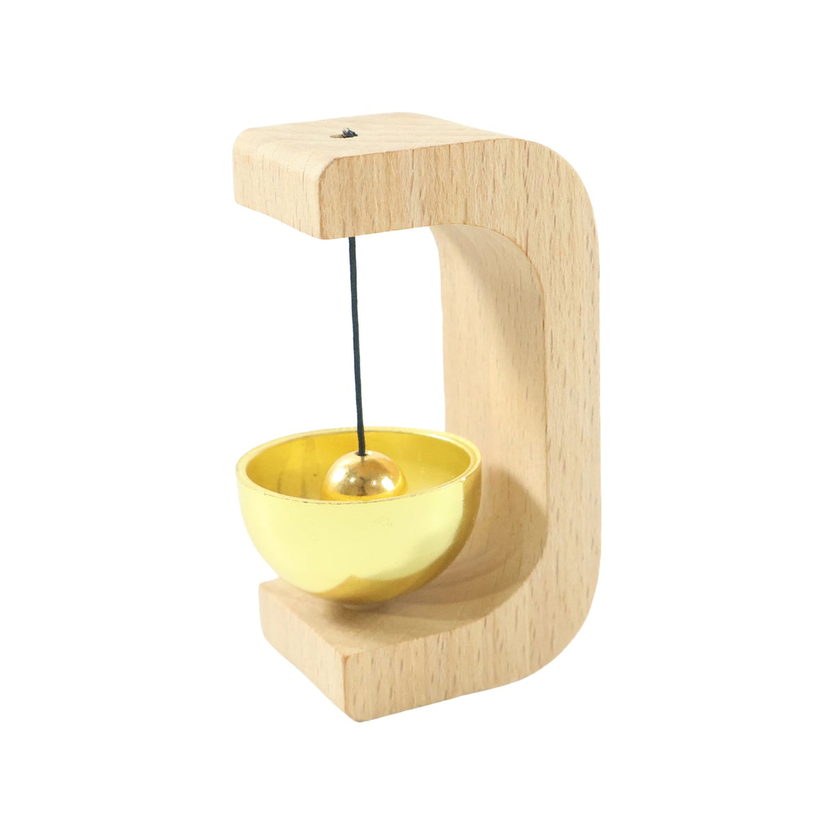 A light wood C-shaped door chime with a golden bowl and striker hangs on a white background.