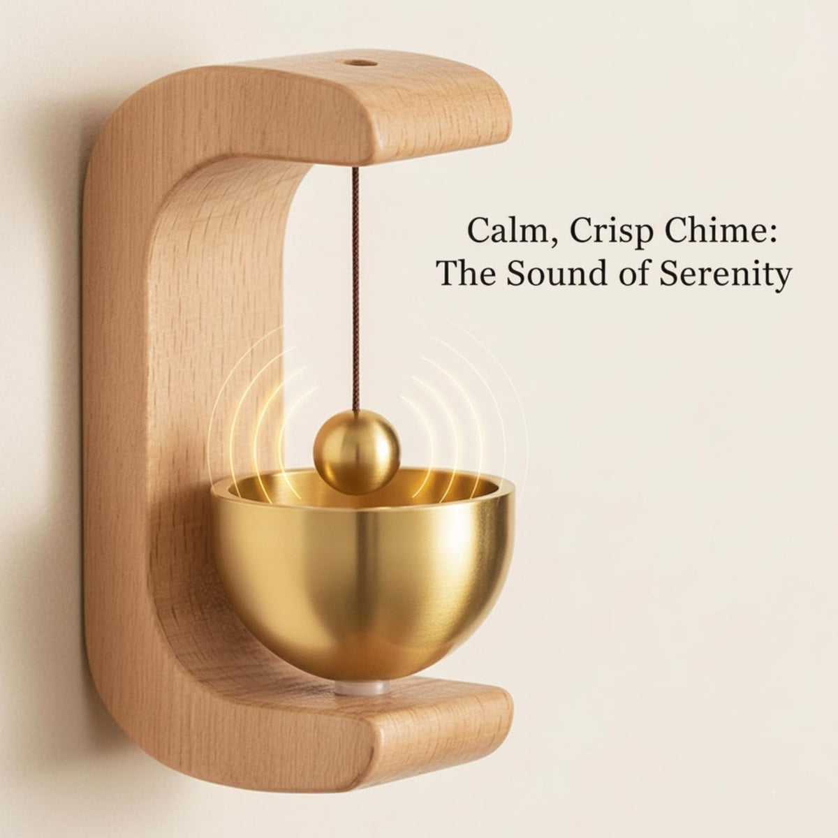 A light wood C-shaped door chime with a golden bowl and striker attached to a light wall, with sound waves emanating from