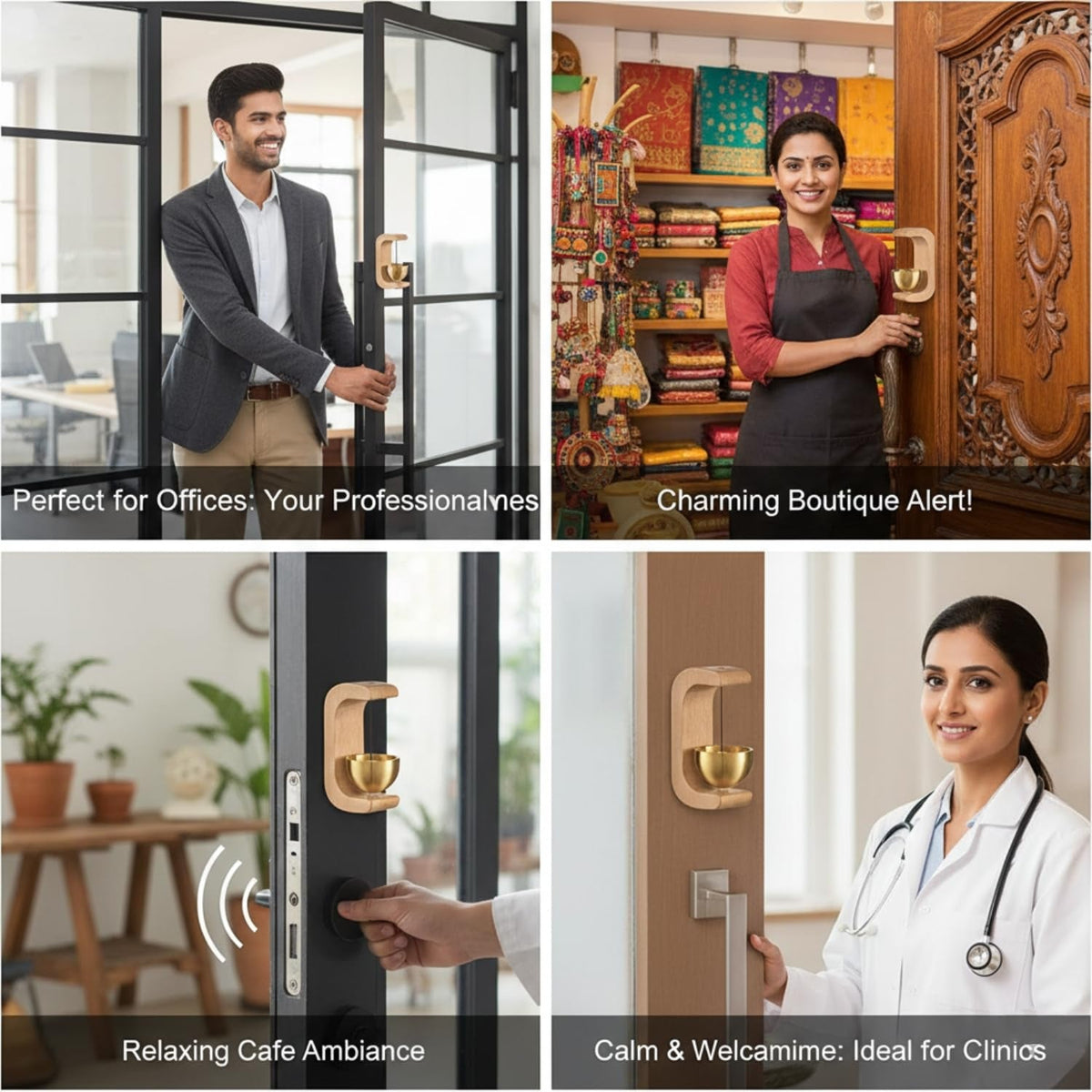 A four-panel image showing the door chime in various settings: office, boutique, cafe, and clinic.