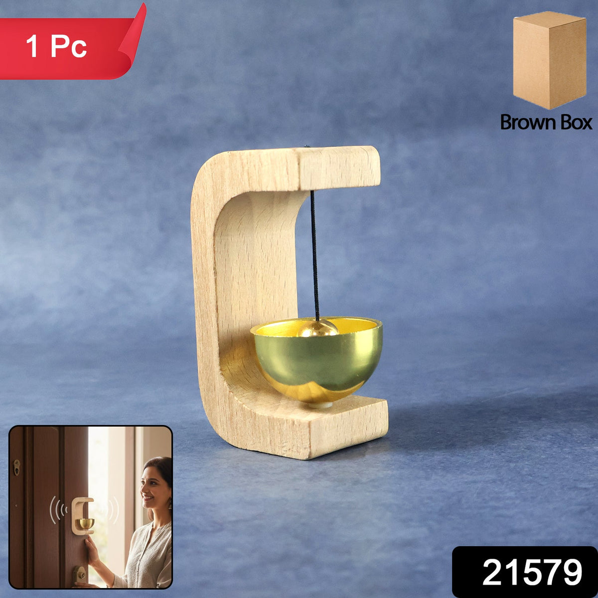 A light wood C-shaped door chime with a golden bowl and striker on a blue background, with insets for packaging and a woman