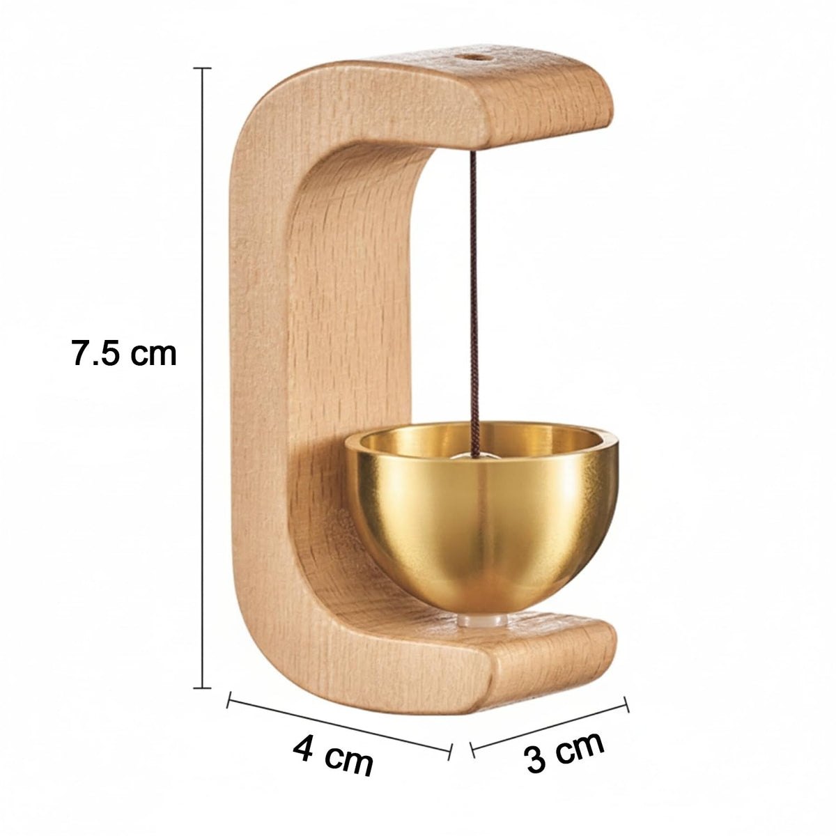 A light wood C-shaped door chime with a golden bowl and striker, showing dimensions of 7.5 cm height, 4 cm width, and 3 cm
