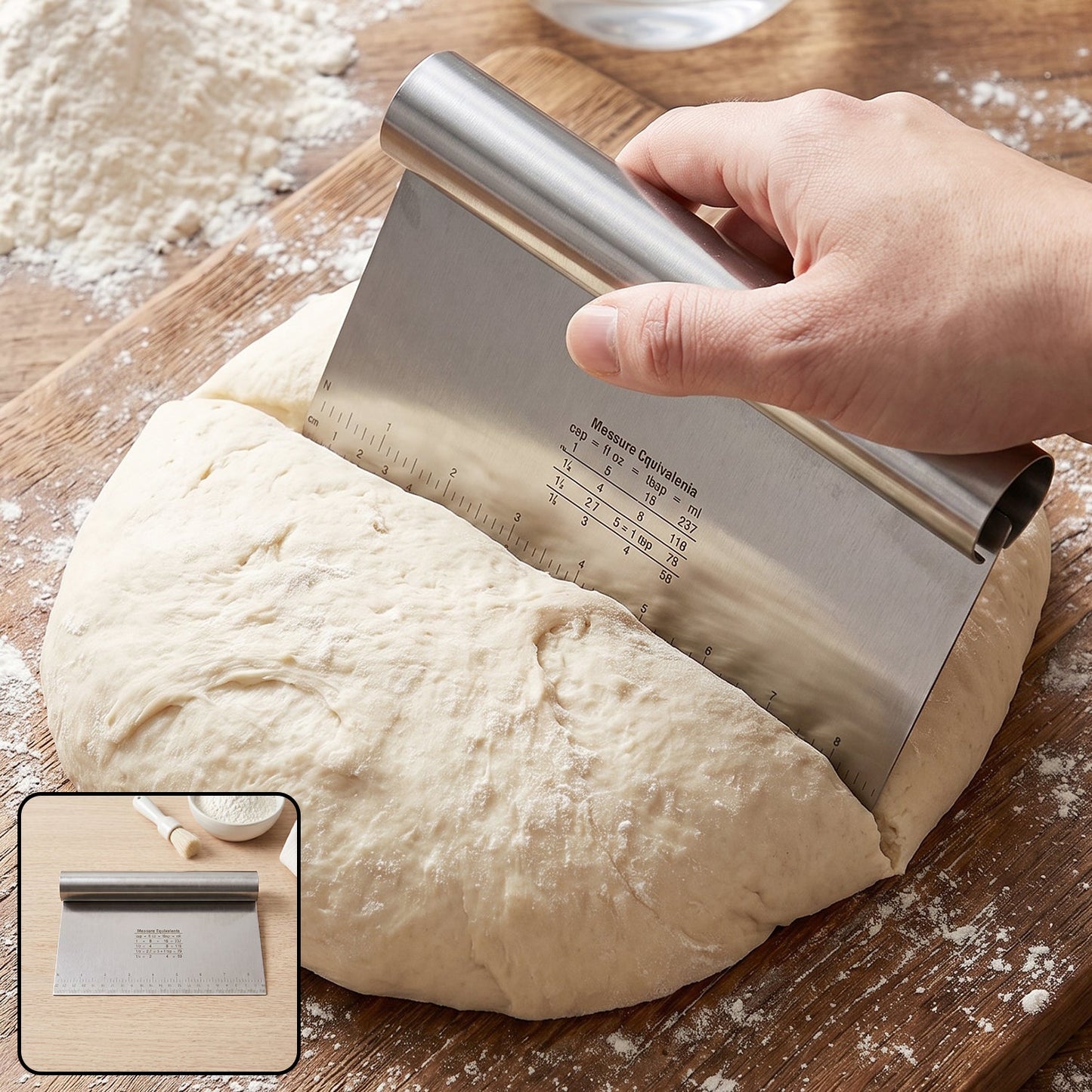 A hand uses a stainless steel dough scraper to divide a large round of dough on a wooden cutting board.