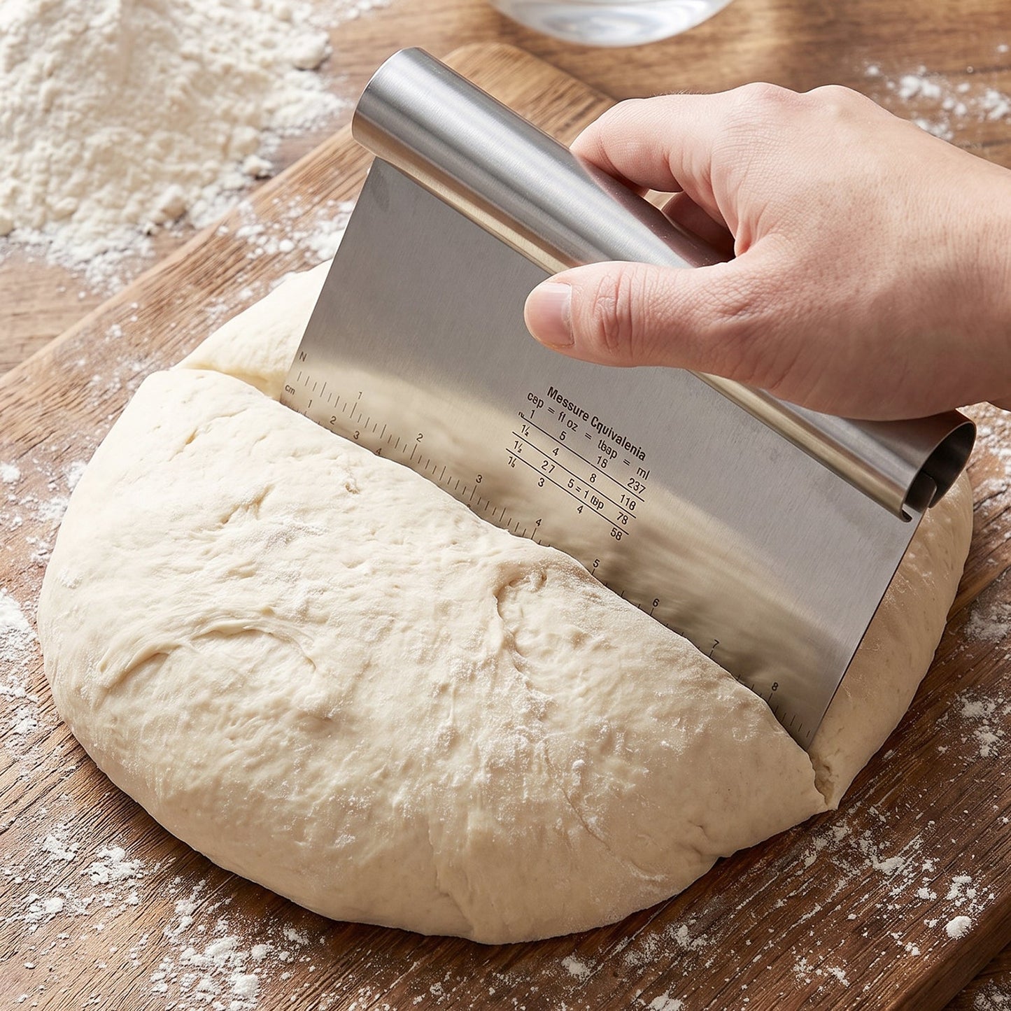 A hand uses a stainless steel dough scraper to divide a large round of dough on a wooden  board.
