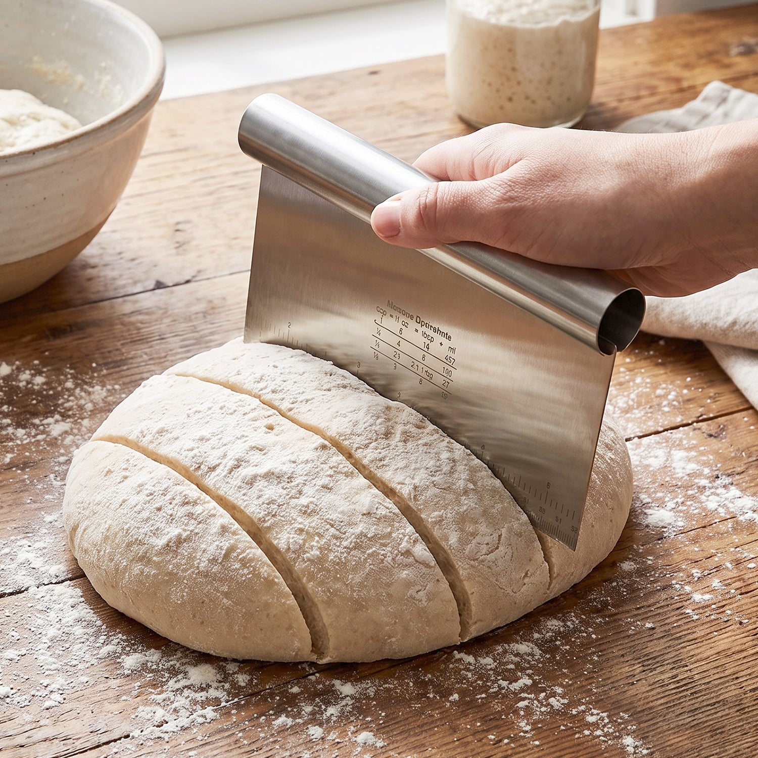 A hand uses a stainless steel dough scraper to cut a large round of dough into several portions on a wooden surface.