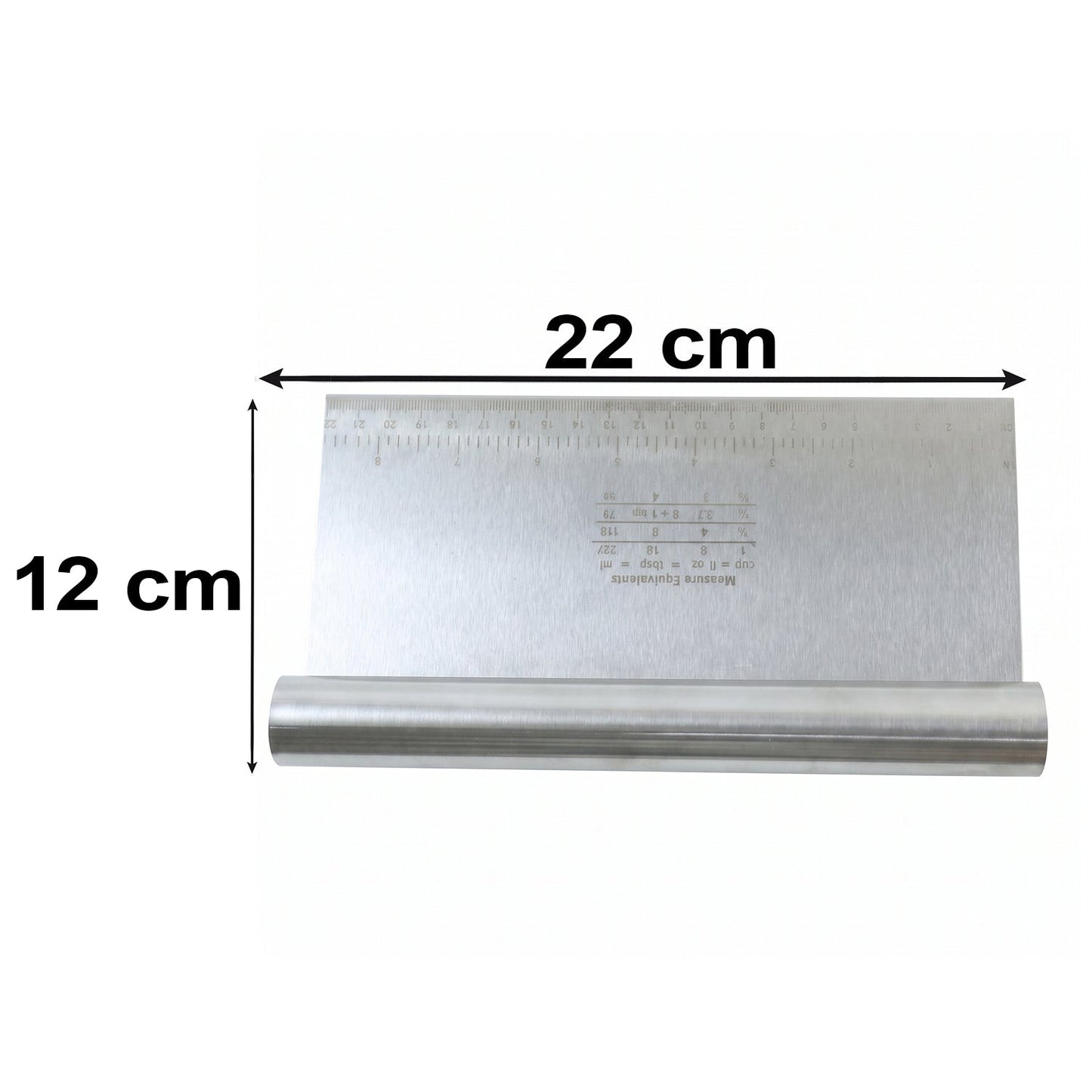 A stainless steel dough scraper with a ruler and measurement equivalents is shown with 22 cm and 12 cm dimensions.