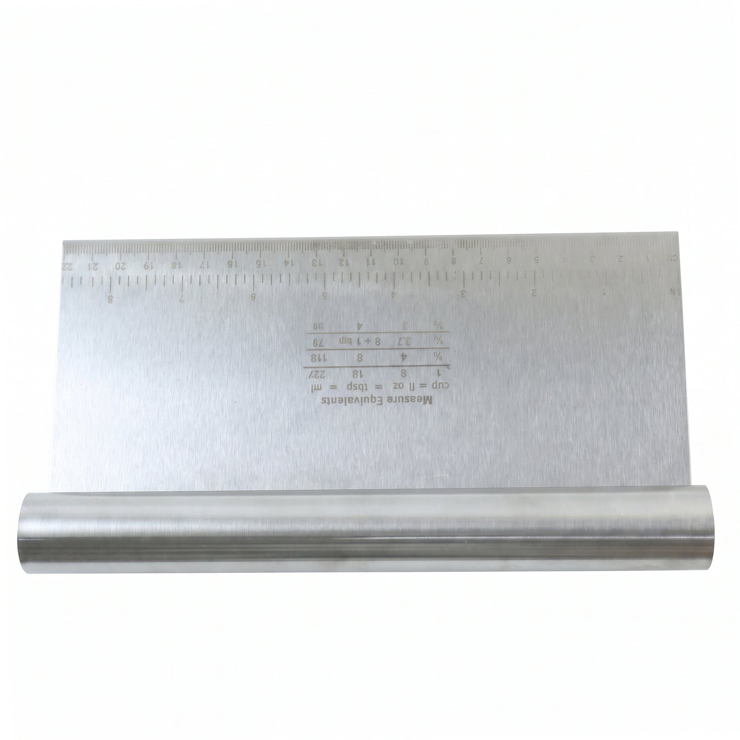 A stainless steel dough scraper with a ruler and measurement equivalents is shown on a white background.