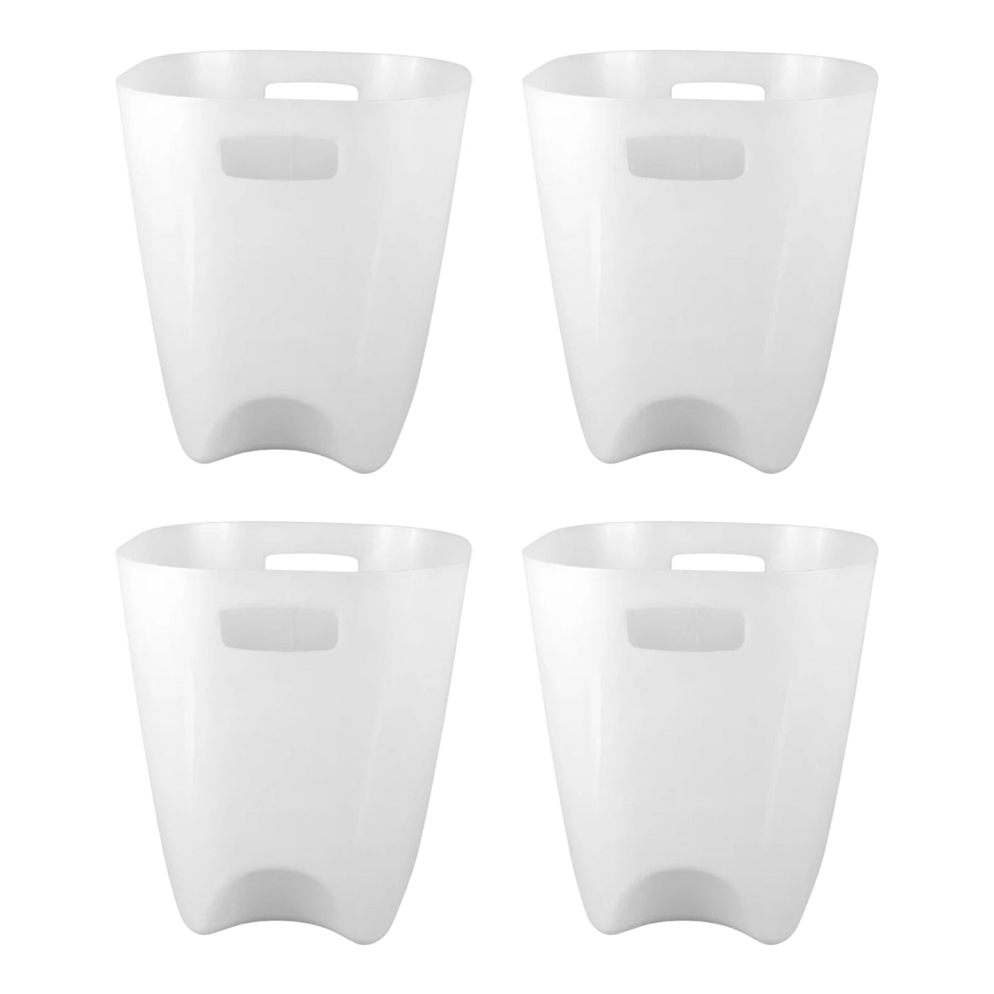 Four compact plastic dustbins placed in various rooms, showcasing versatility.