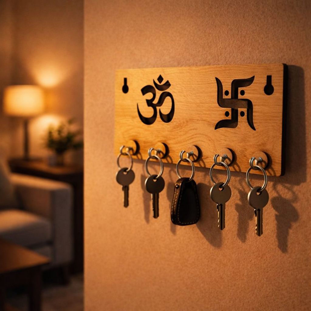 Wooden Key Holder for Wall – ॐ Om & Swastik MDF Key Organizer | Spiritual Wall Key Stand for Home Décor