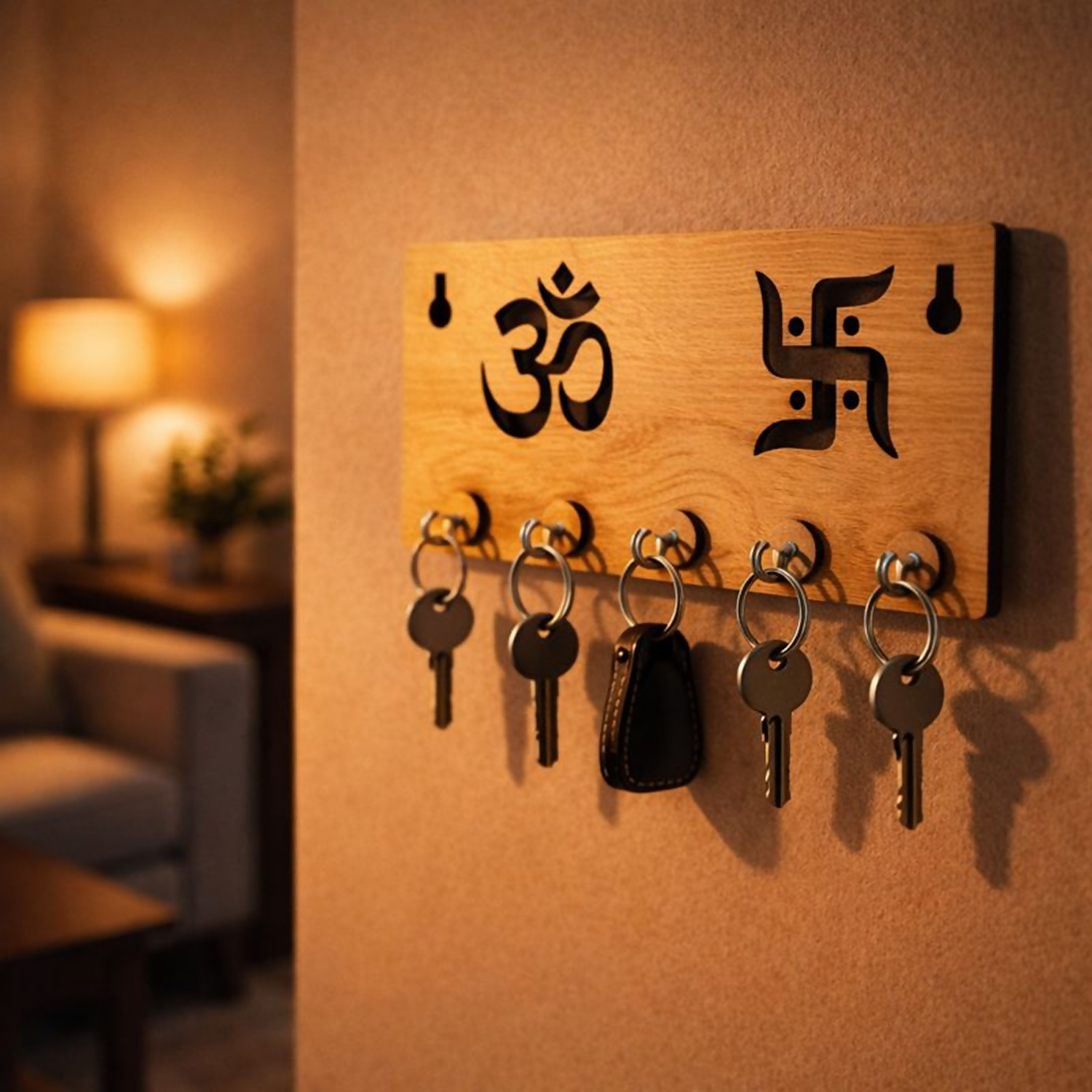 Wooden Key Holder for Wall – ॐ Om & Swastik MDF Key Organizer | Spiritual Wall Key Stand for Home Décor