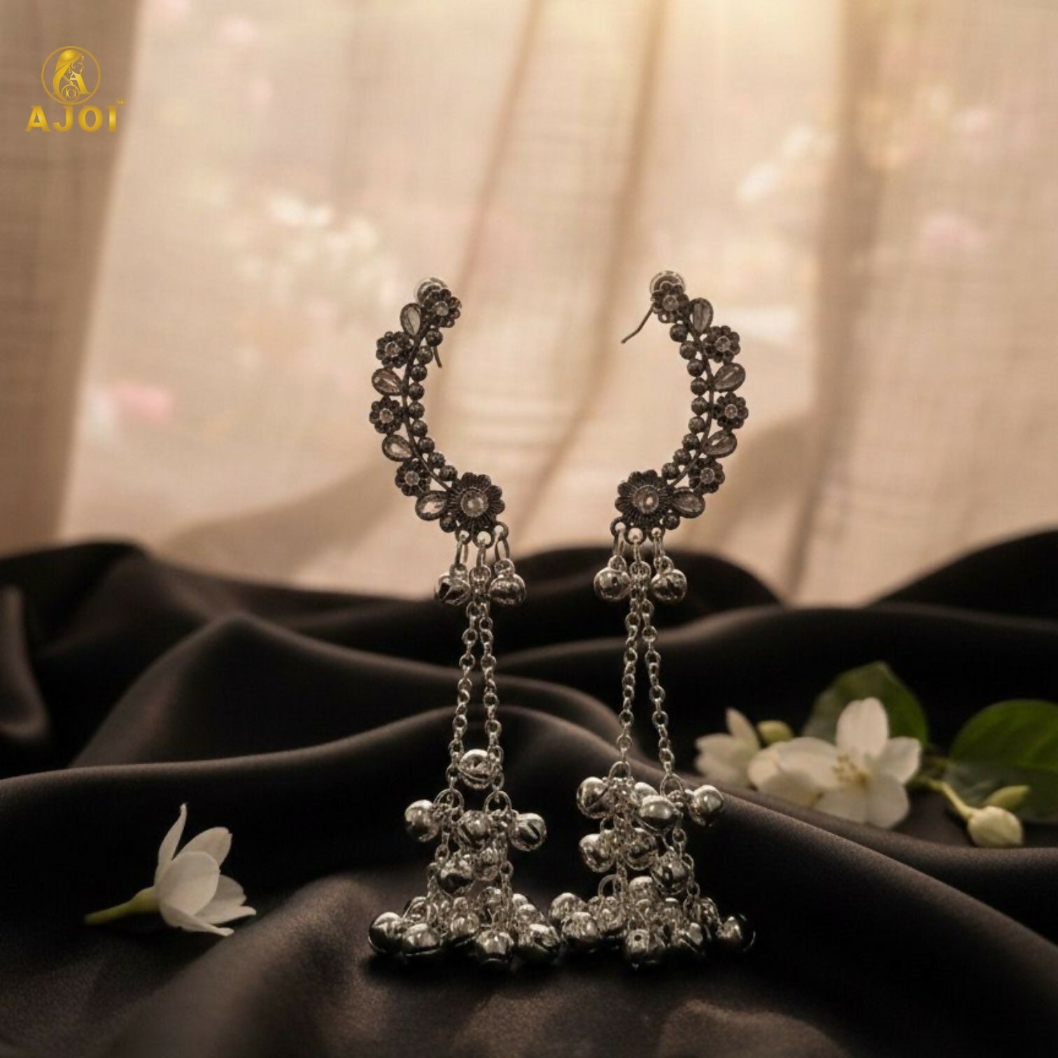 Kasmiri Silver Oxidised Chandbali Jhumka Earrings with Ghungroo Dangles for Women