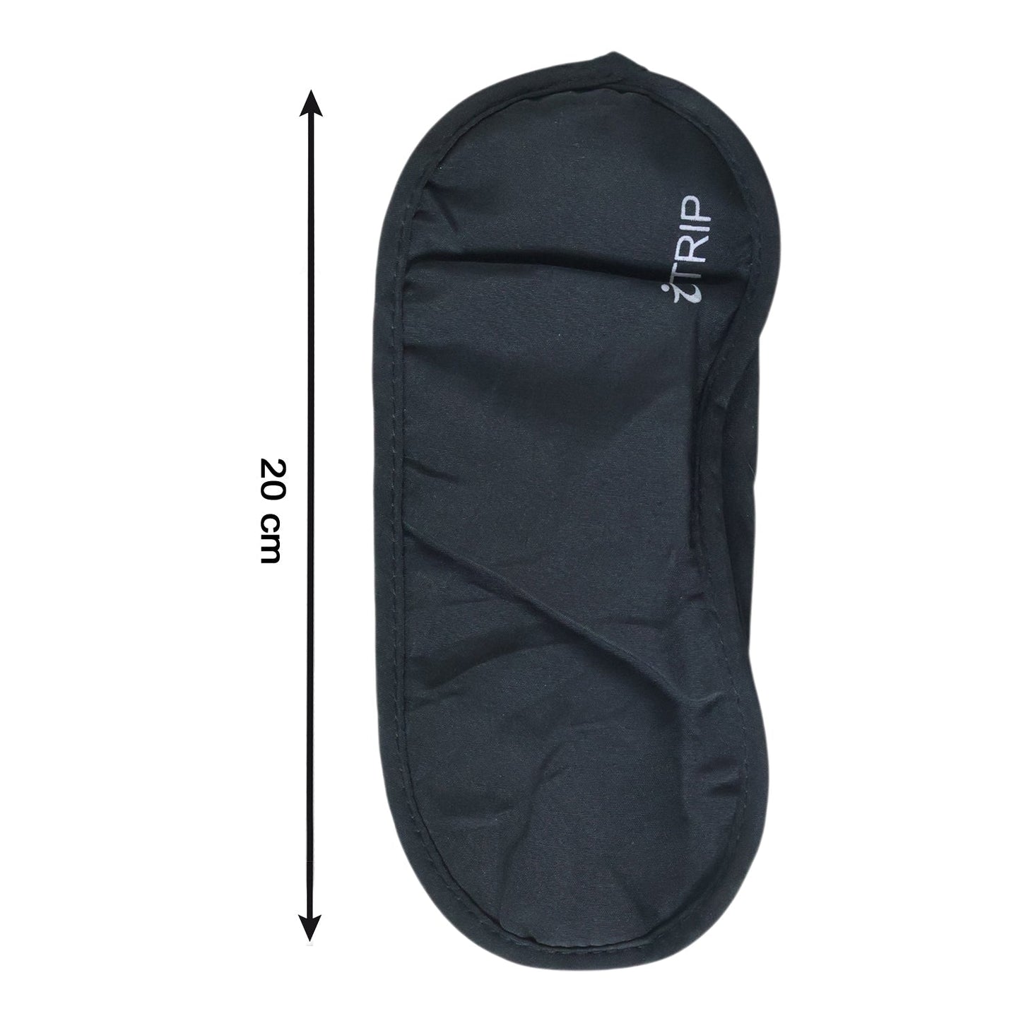 The black sleeping eye mask with the "iTRIP" logo is displayed flat against a white background, with a 20 cm measurement.