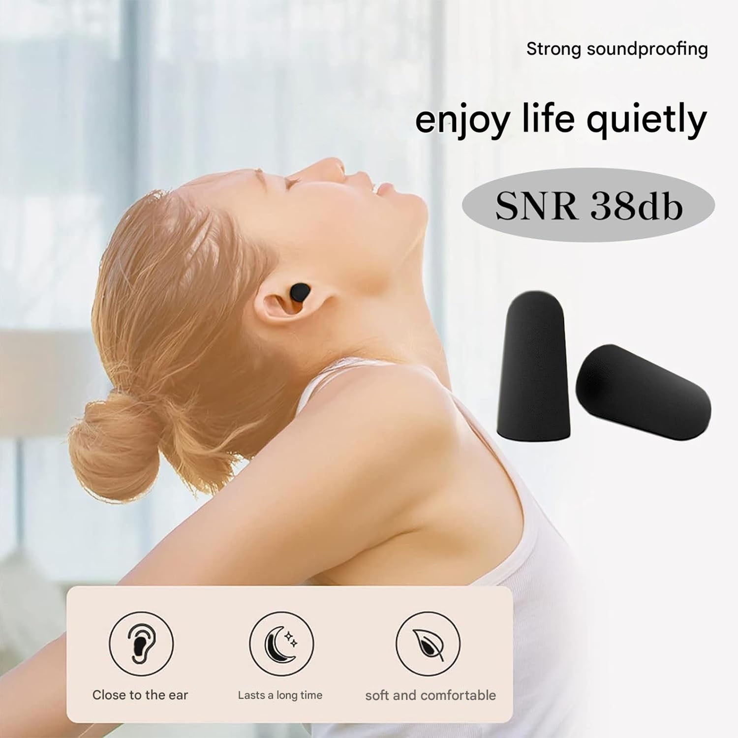 A woman with her head tilted back wears one black earplug, with two loose earplugs and text about soundproofing.