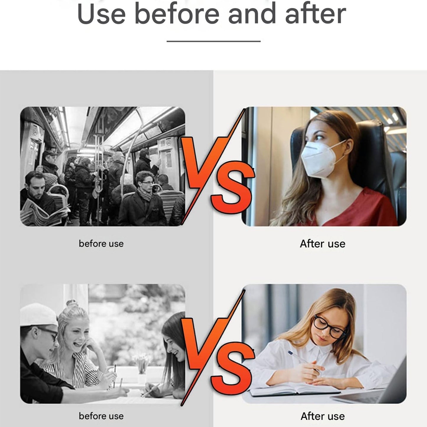 A four-panel grid shows "before use" scenes of noisy environments and "after use" scenes of quiet activities.