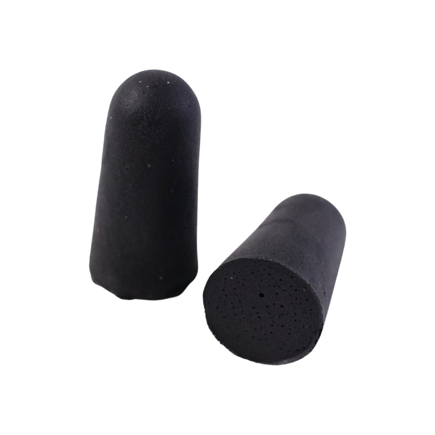 Two black foam earplugs are shown on a white background, one standing upright and the other lying on its side.