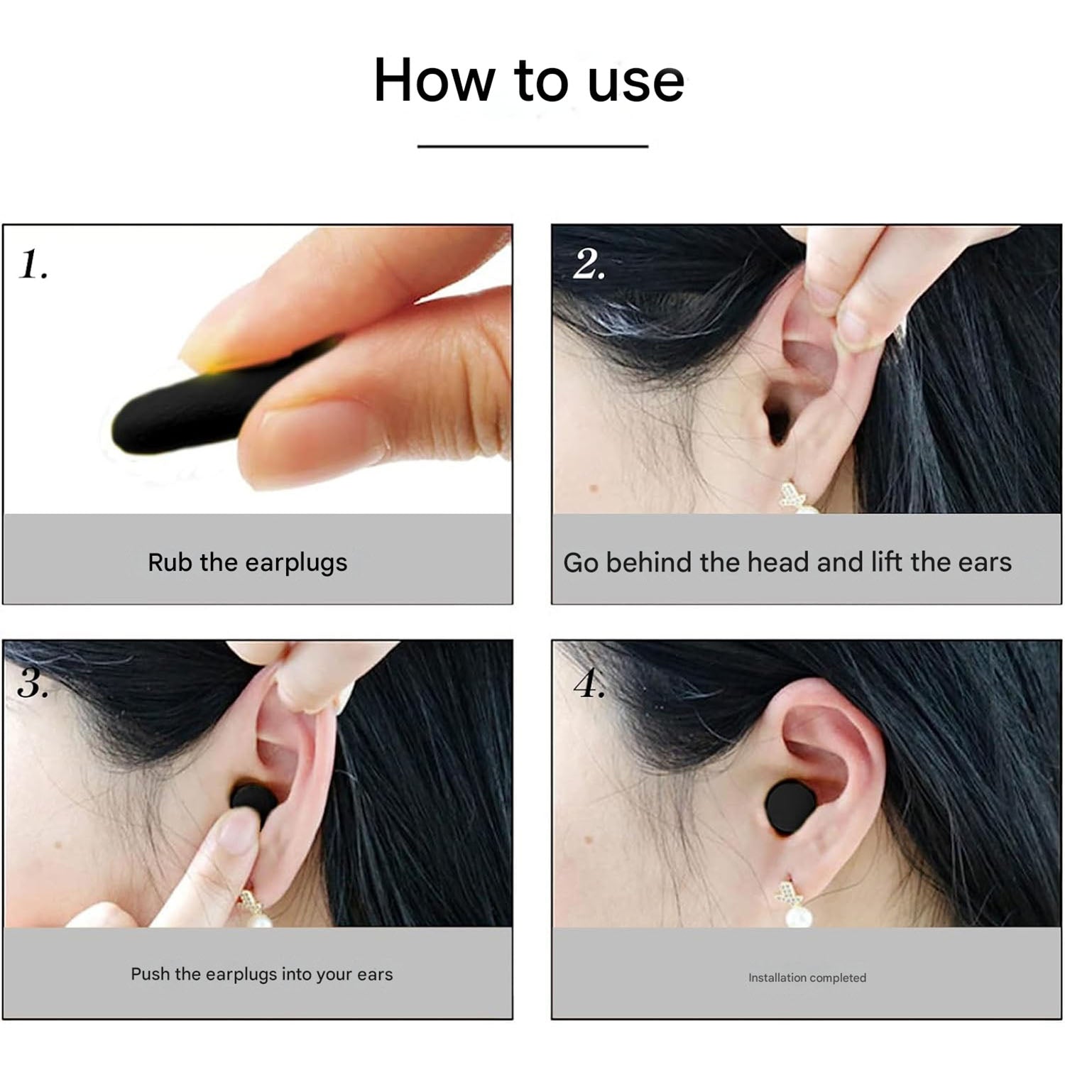 A four-panel grid illustrates how to use the earplugs, from rubbing them to inserting them into an ear.