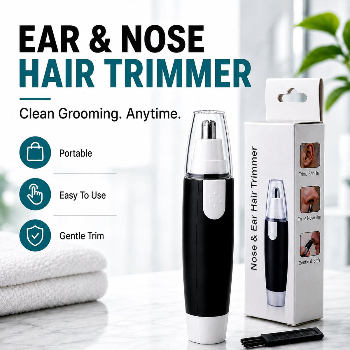 Lifestyle shot of the black and silver nose hair trimmer ready for effortless grooming.