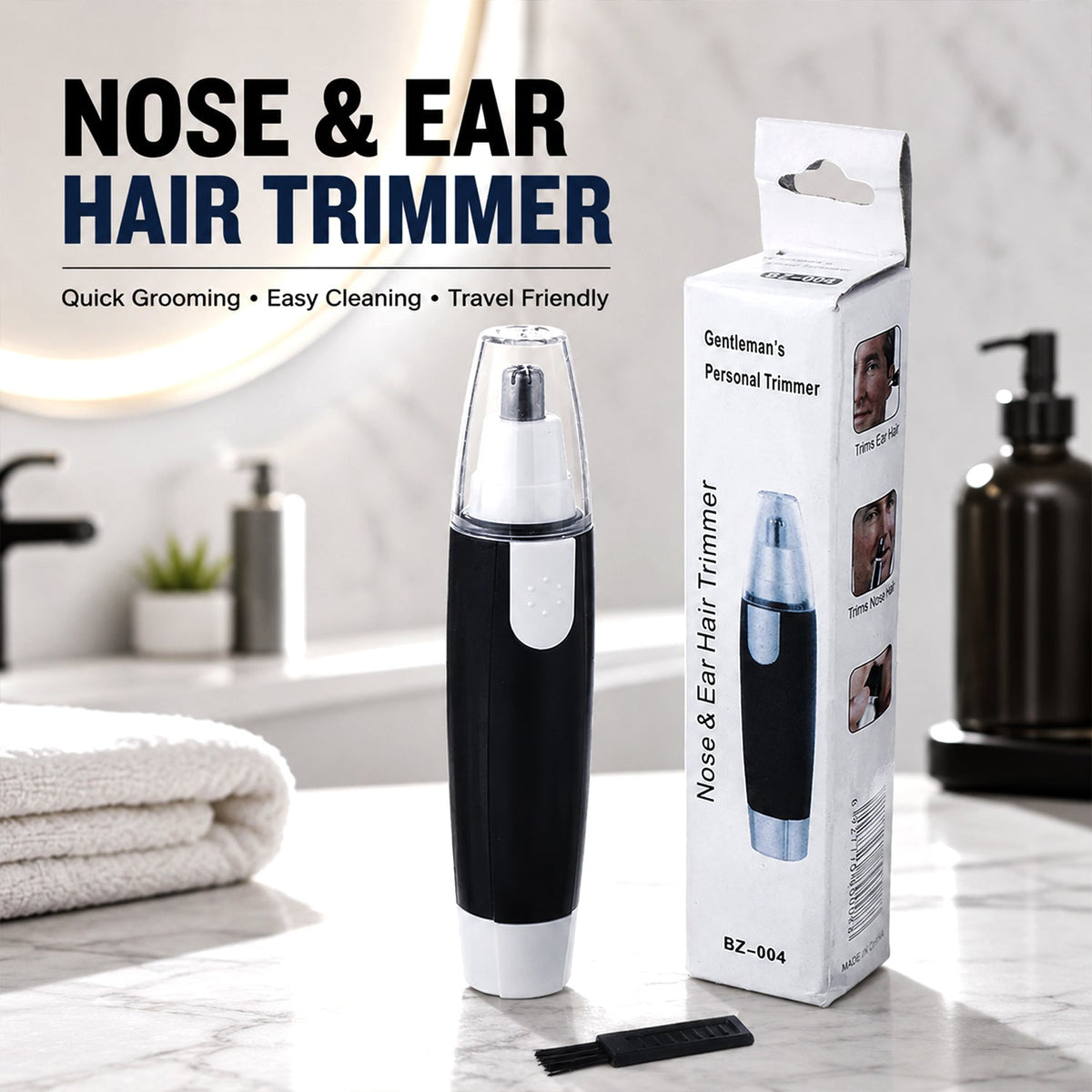 Product display of the black and silver nose hair trimmer against a clean, simple background.