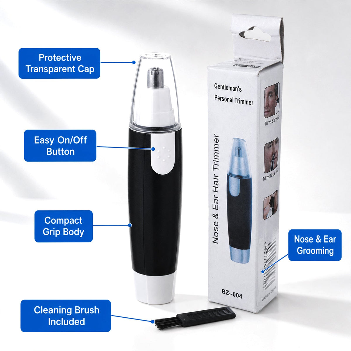 Angled view of the personal grooming device for ear and nose hair by Calm & Curl, in black and silver.