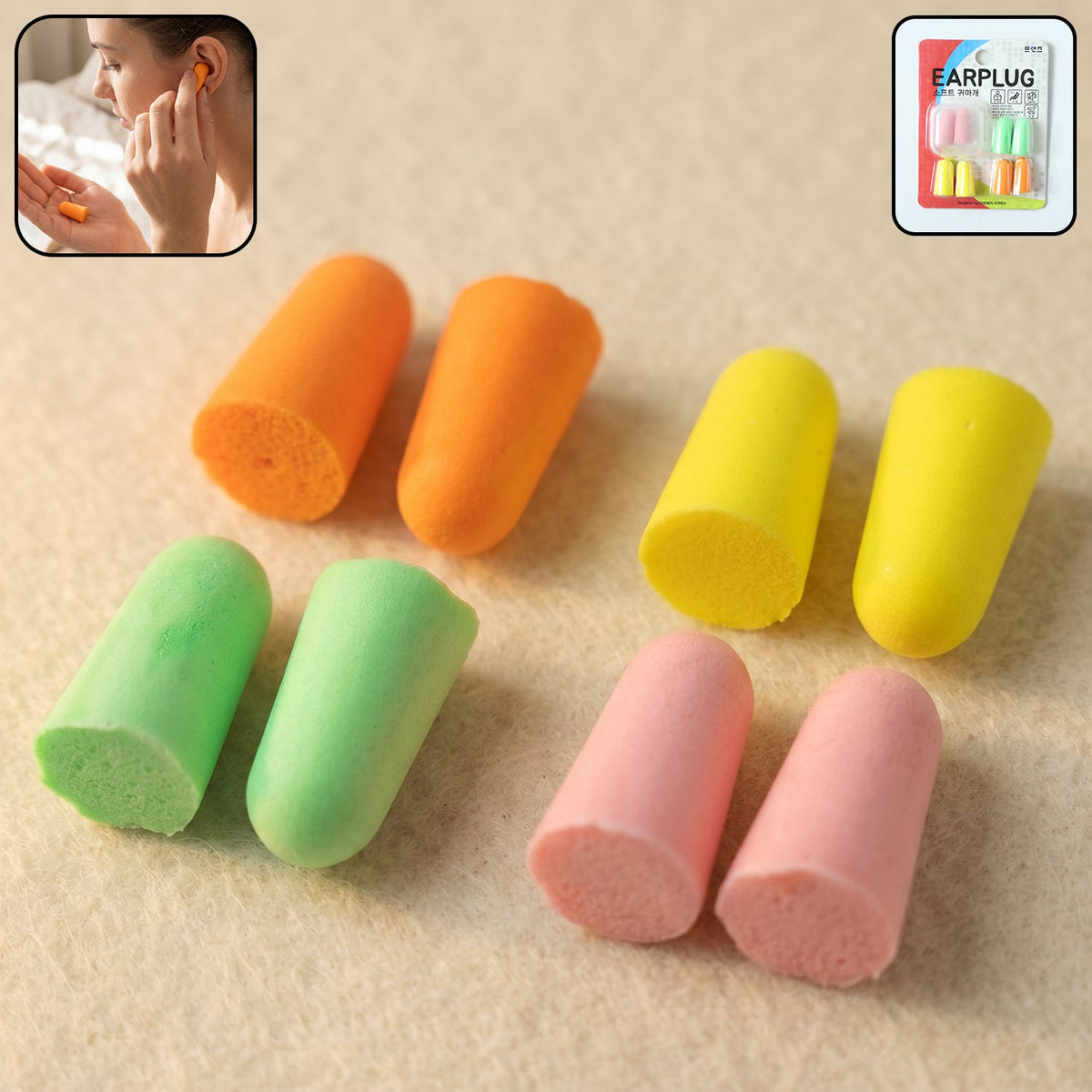 Eight foam earplugs in orange, yellow, green, and pink, with an inset of a woman inserting an earplug and a package.