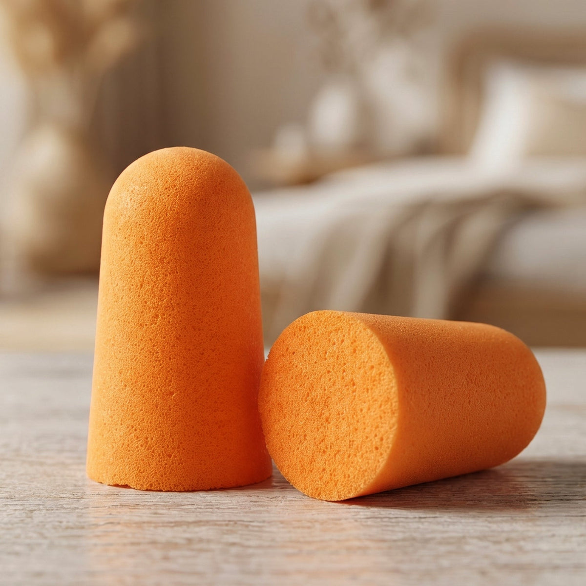 One orange foam earplug standing upright and another lying on its side on a light wooden surface.