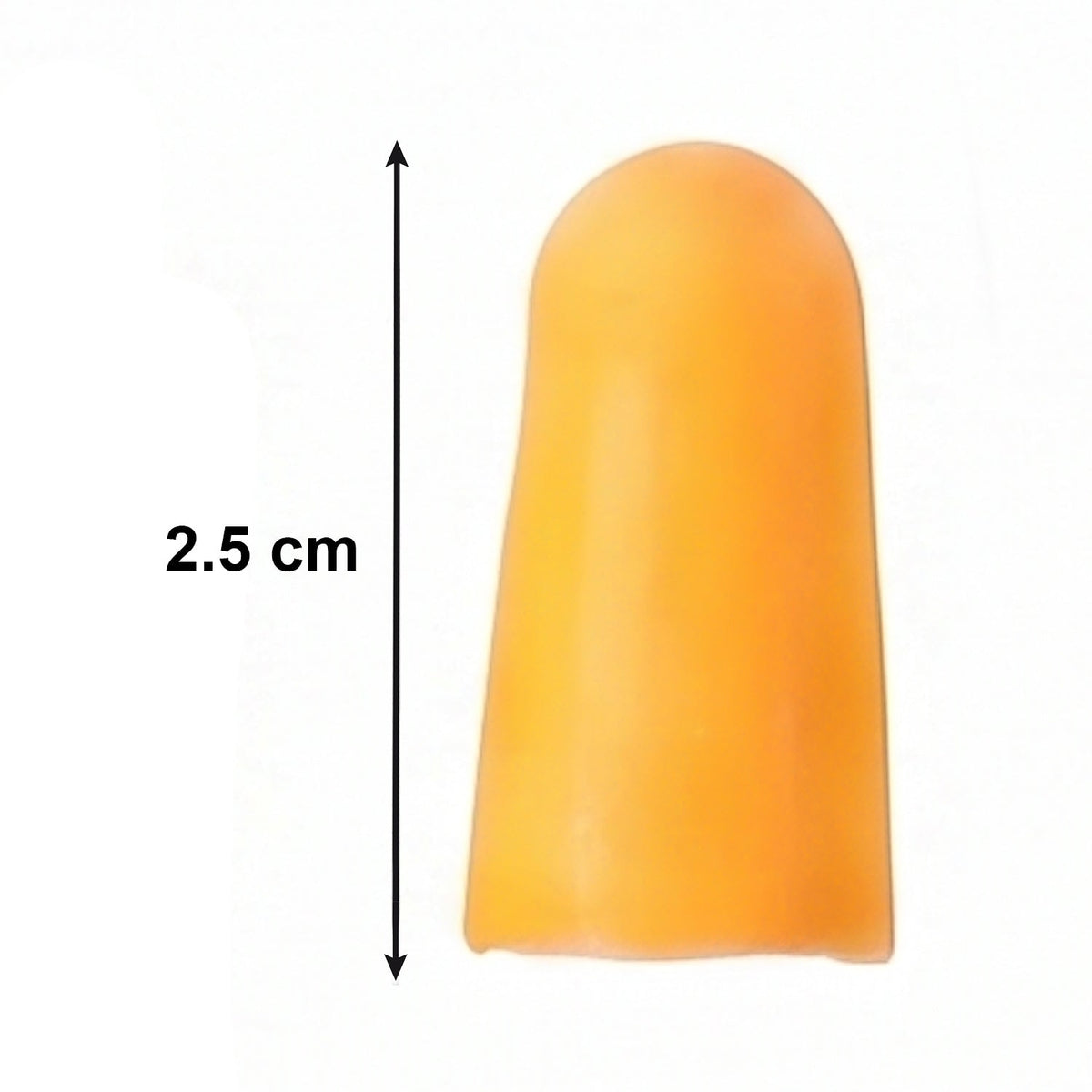 A single orange foam earplug shown vertically with a 2.5 cm measurement indicator.