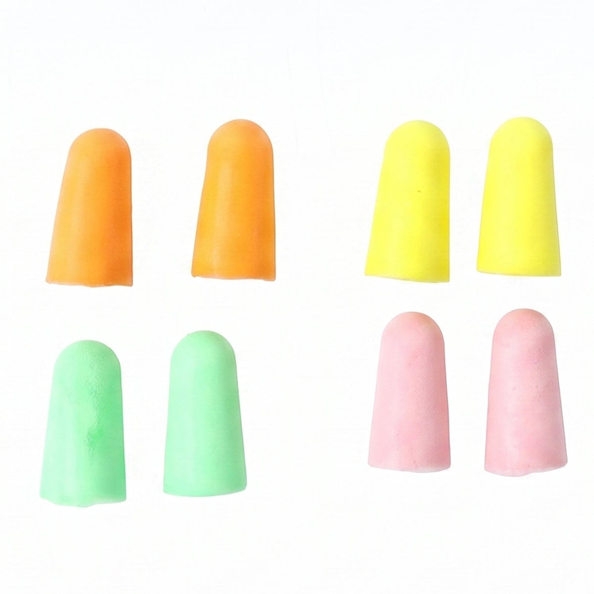 Eight foam earplugs in orange, yellow, green, and pink arranged on a white background.