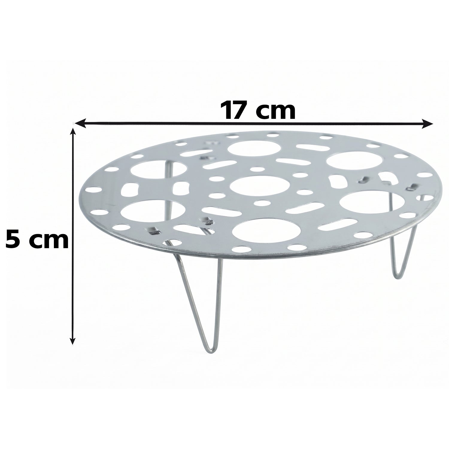 A stainless steel egg steamer rack with circular and oblong cutouts is shown on a white background, with dimensions of 17 cm