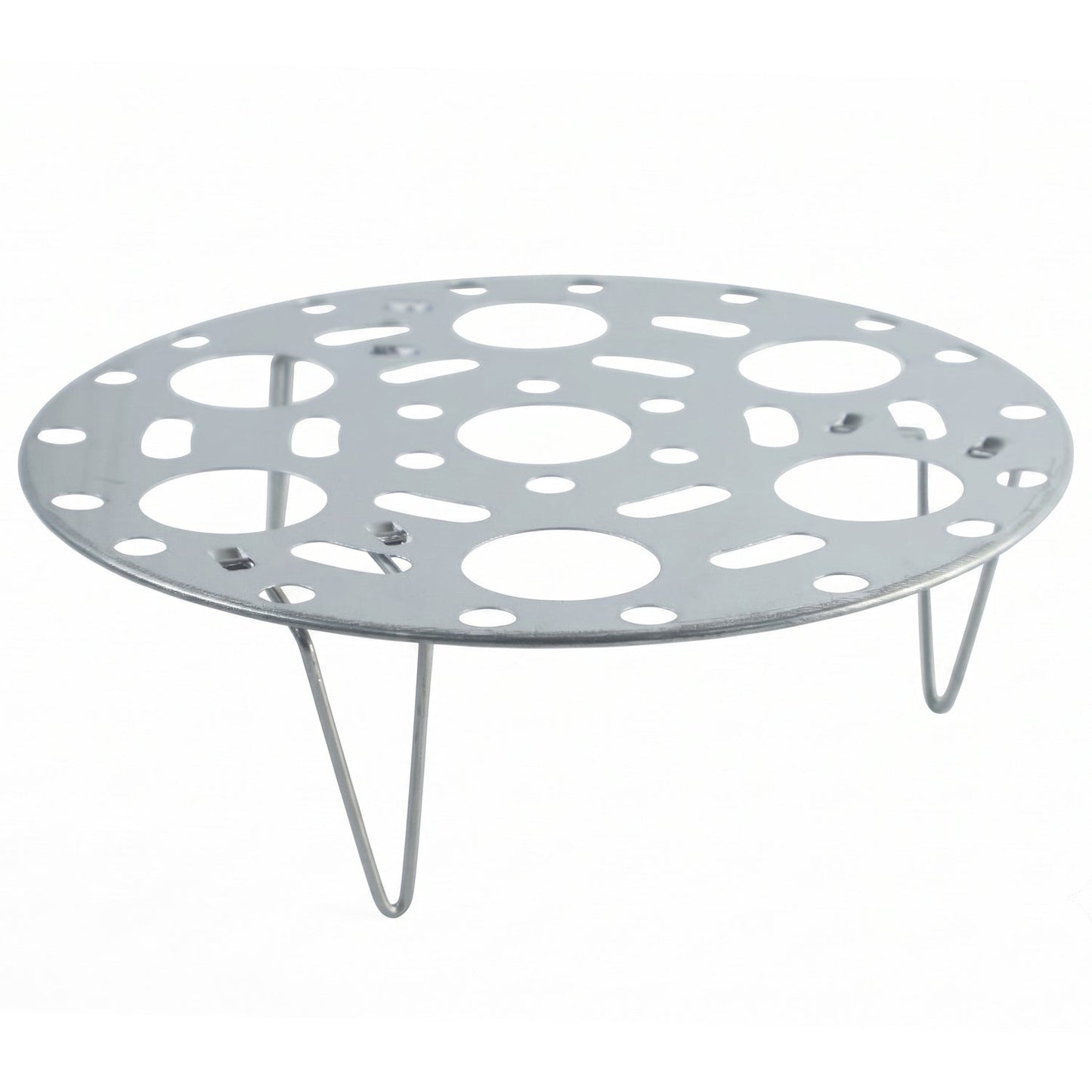 A stainless steel egg steamer rack with circular and oblong cutouts and four wire legs is shown on a plain white background.