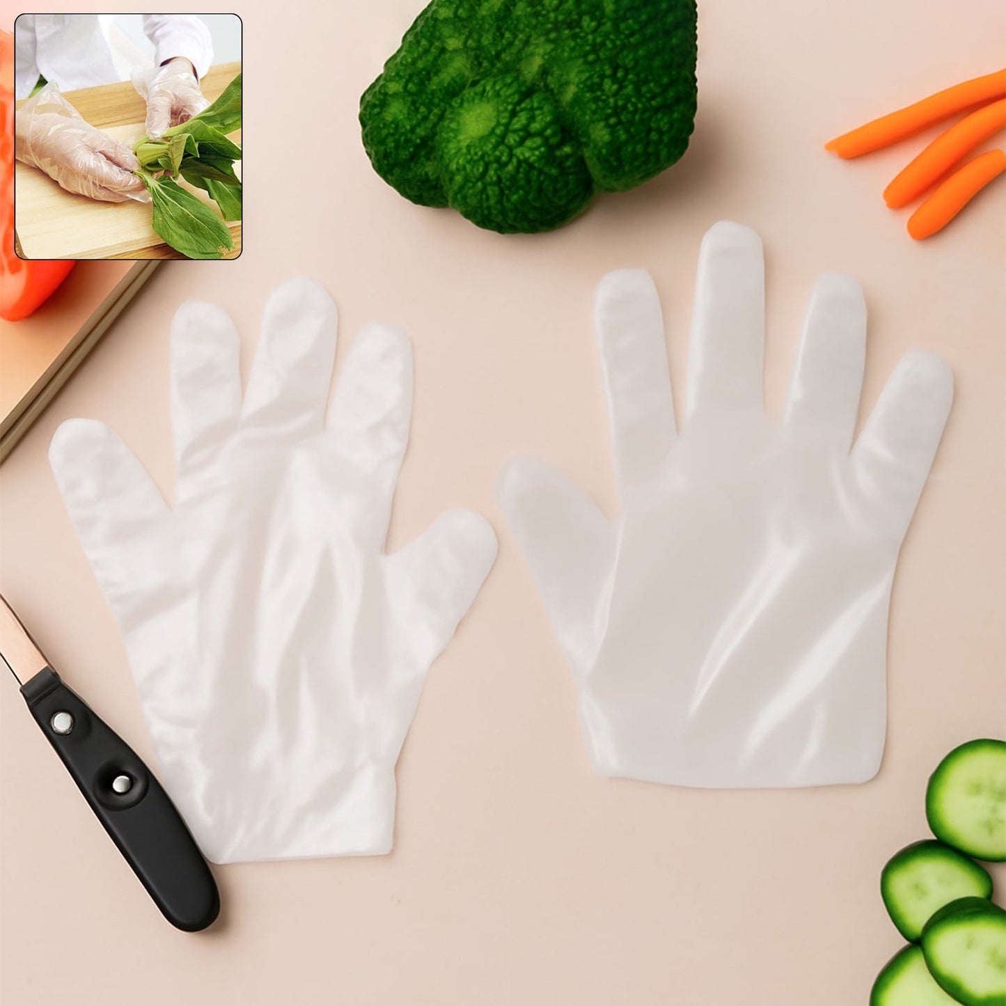 Pack of 100 disposable eco-friendly kitchen gloves for safe handling