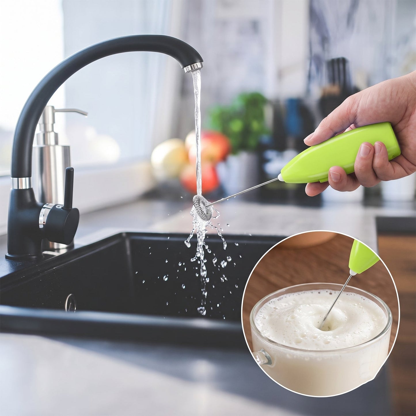 A hand holds a green electric frother under a running faucet, with an inset showing it frothing milk in a glass.