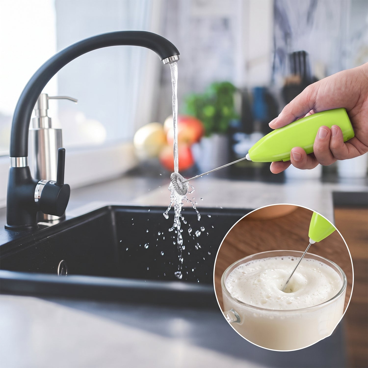 A hand holds a green electric frother under a running faucet, with an inset showing it frothing milk in a glass.
