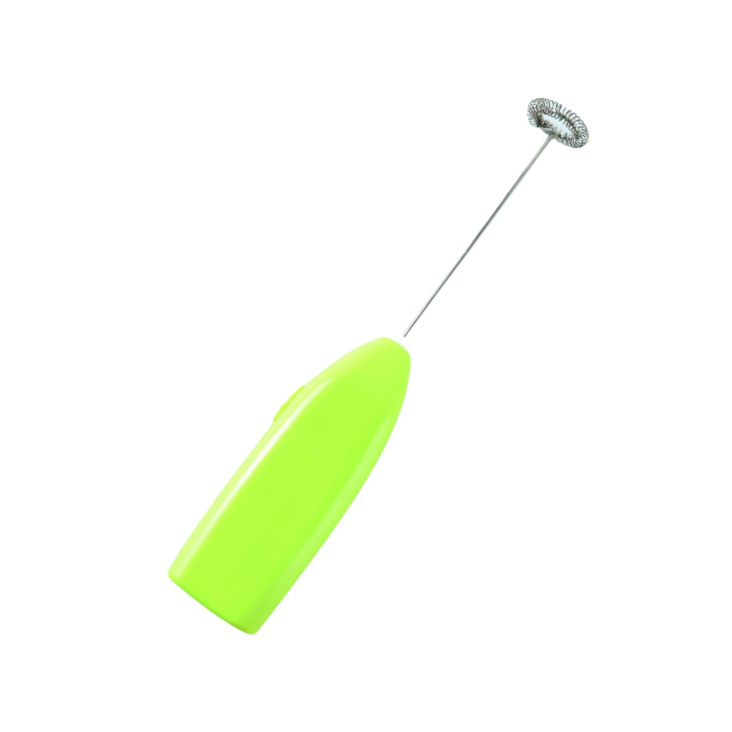 A bright green electric frother with a silver whisk attachment is angled on a white background.