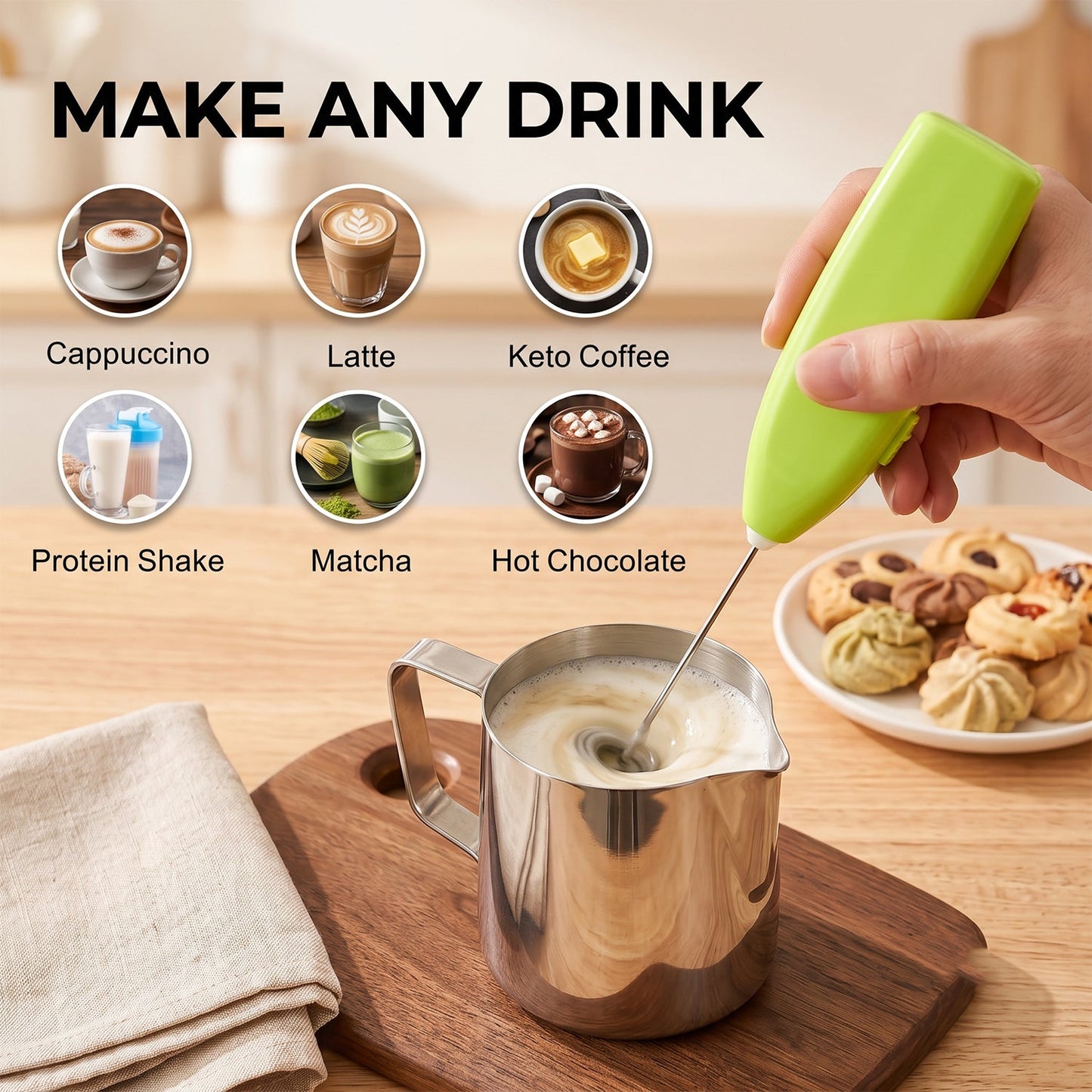 A hand uses a green electric frother in a metal pitcher, with various drink icons and cookies on plate in the background.