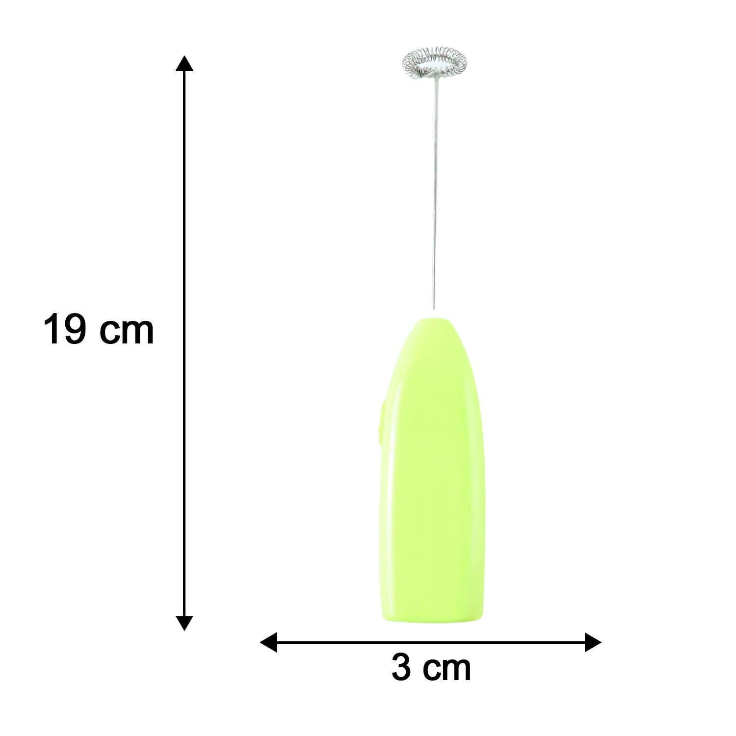 A bright green electric frother with a silver whisk attachment is shown with dimensions: 19 cm length and 3 cm width.