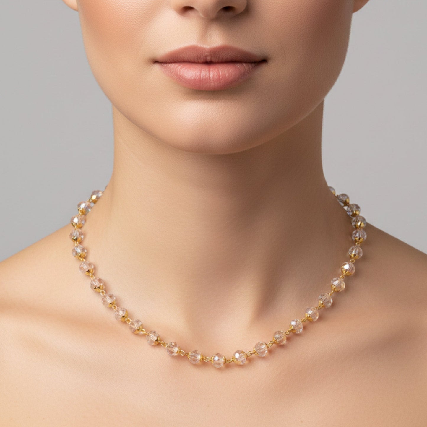 Party wear gold-tone crystal beaded necklace enhancing outfit