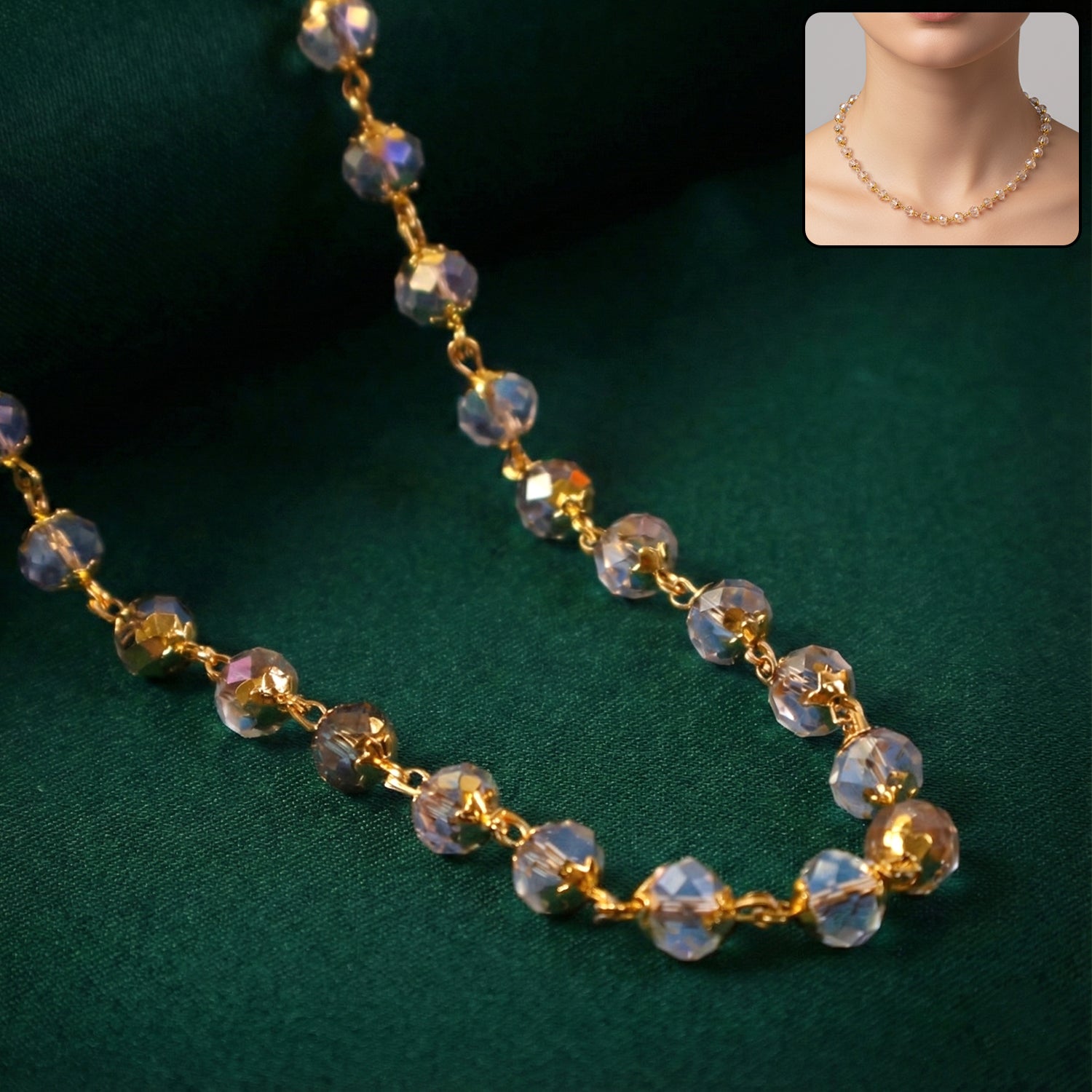 Gold-tone faceted crystal beaded necklace with linking chain