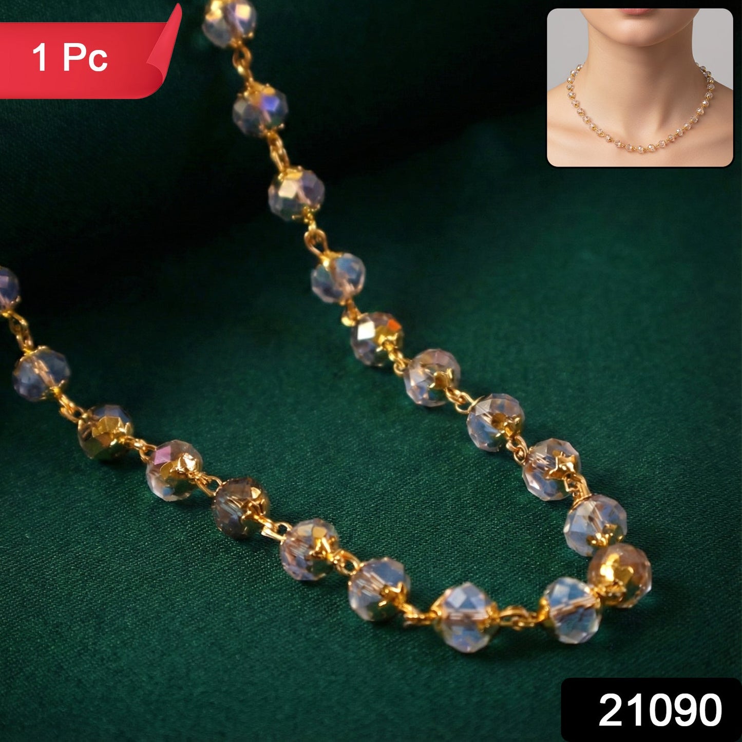 Close-up of crystal beaded gold-tone necklace