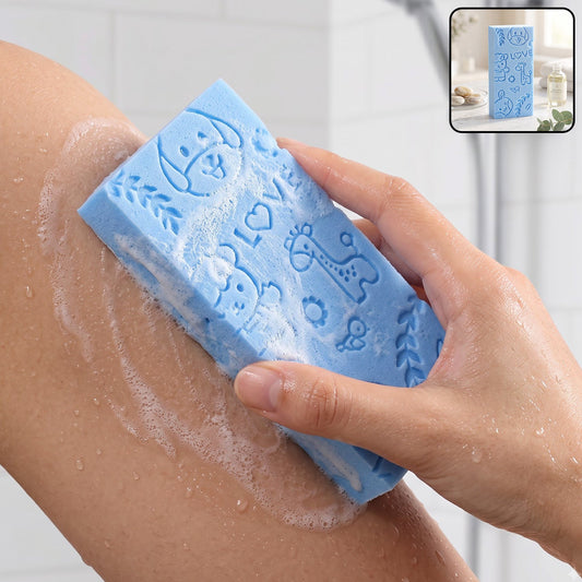 Blue exfoliating body scrubber sponge with animal patterns for skin cleansing