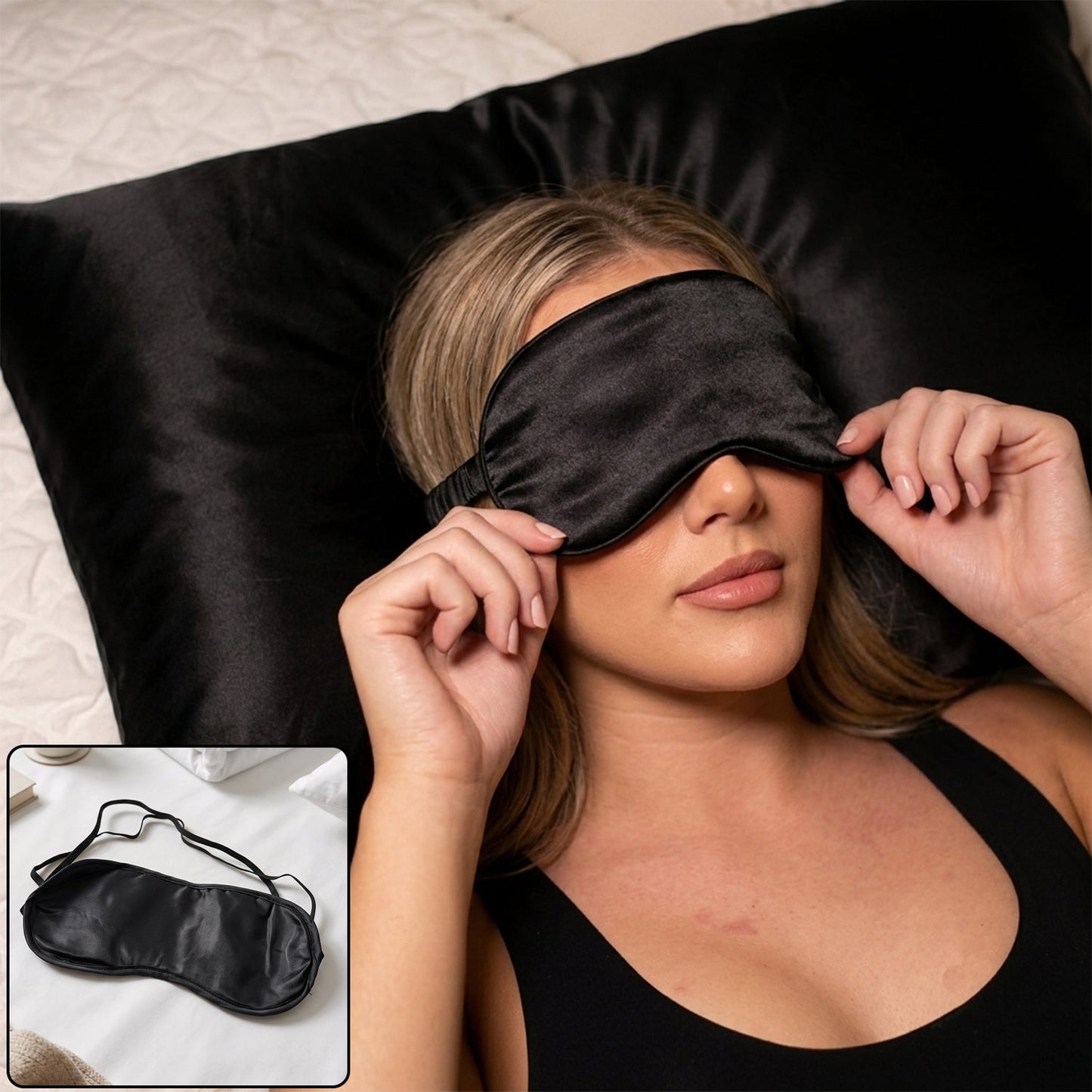 A woman with blonde hair wearing a black satin sleep mask, lying on a black satin pillow